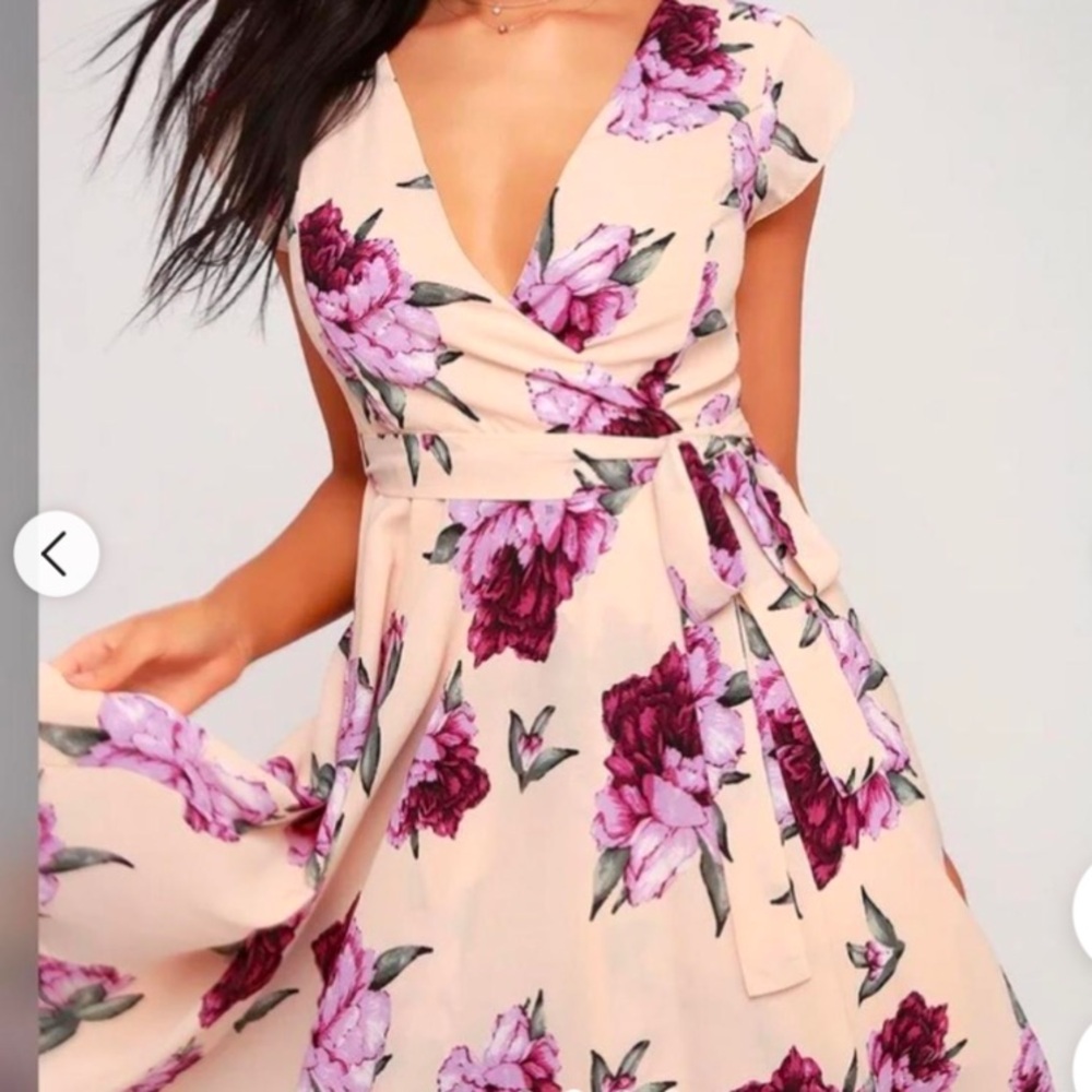 Lulus floral beige and purple high low midi tie dress